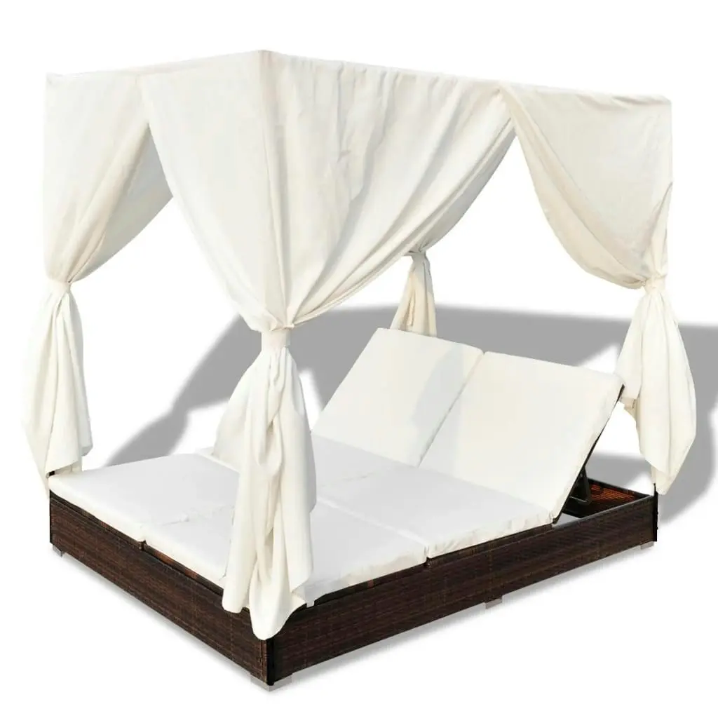 Outdoor Lounge Bed with Curtains Poly Rattan Brown 42947