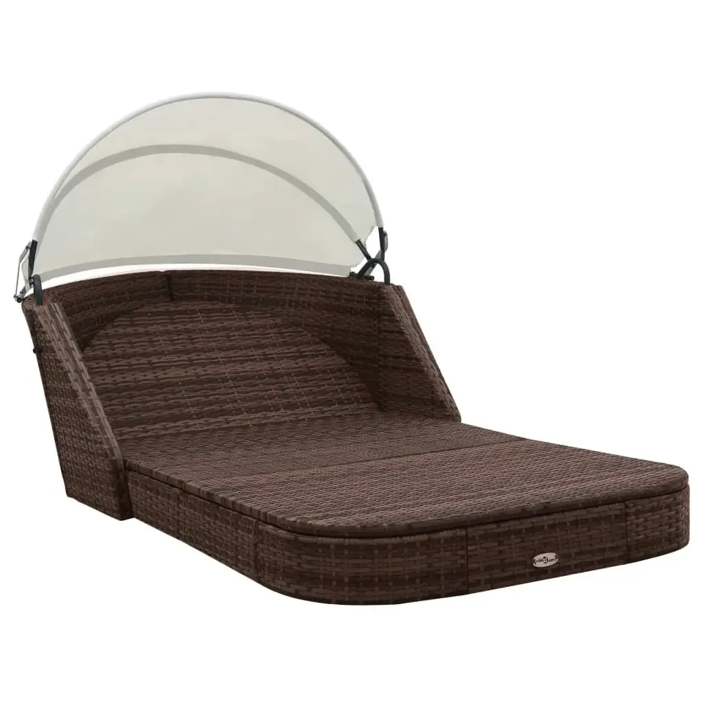 Sun Lounger with Canopy Poly Rattan Brown 41982