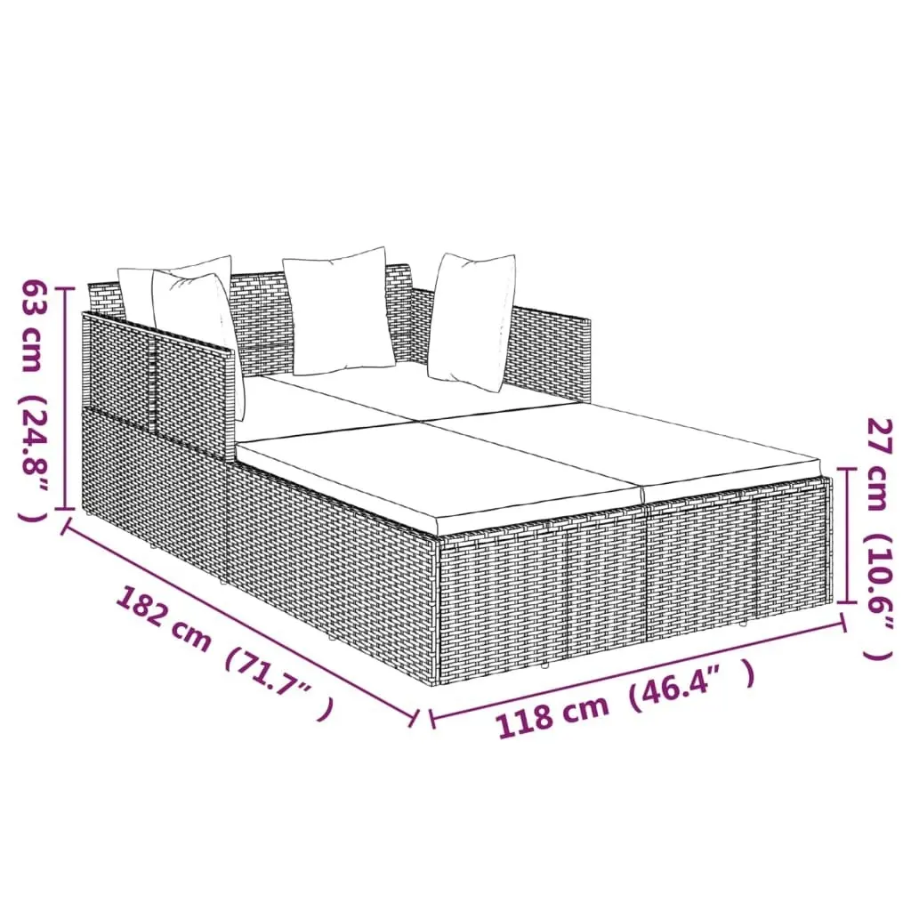 Sunbed with Cushions Grey 182x118x63 cm Poly Rattan 362268