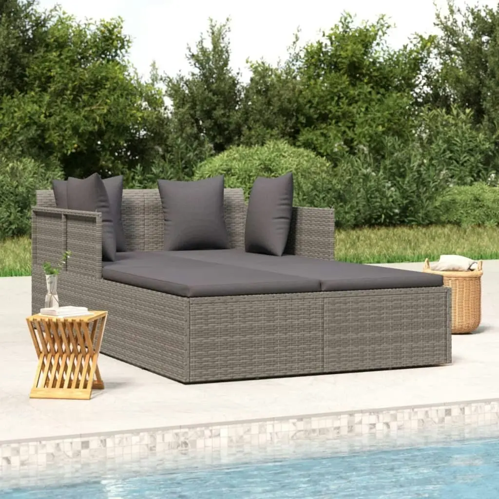 Sunbed with Cushions Grey 182x118x63 cm Poly Rattan 362268