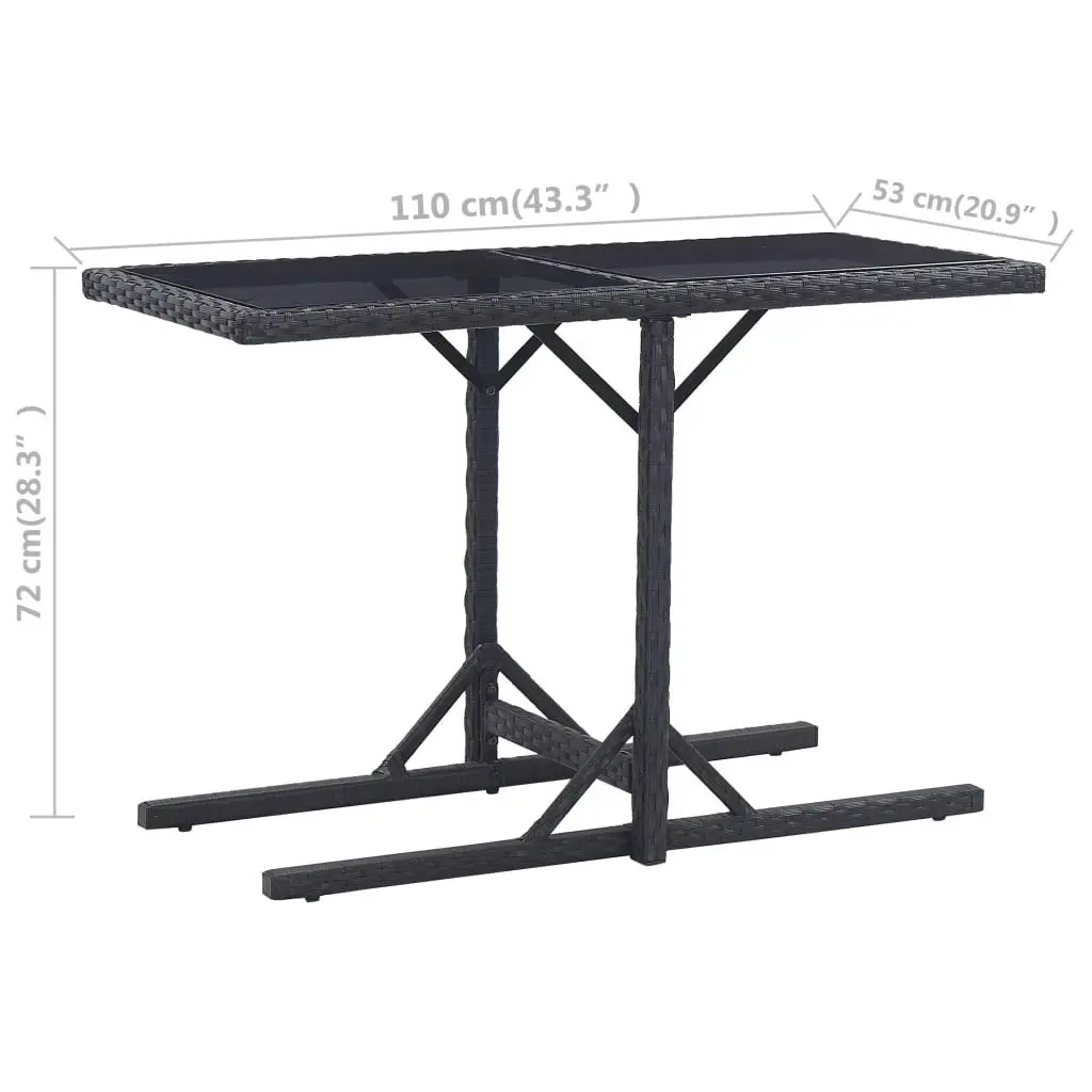 Garden Table Black 110x53x72 cm Glass and Poly Rattan 46452