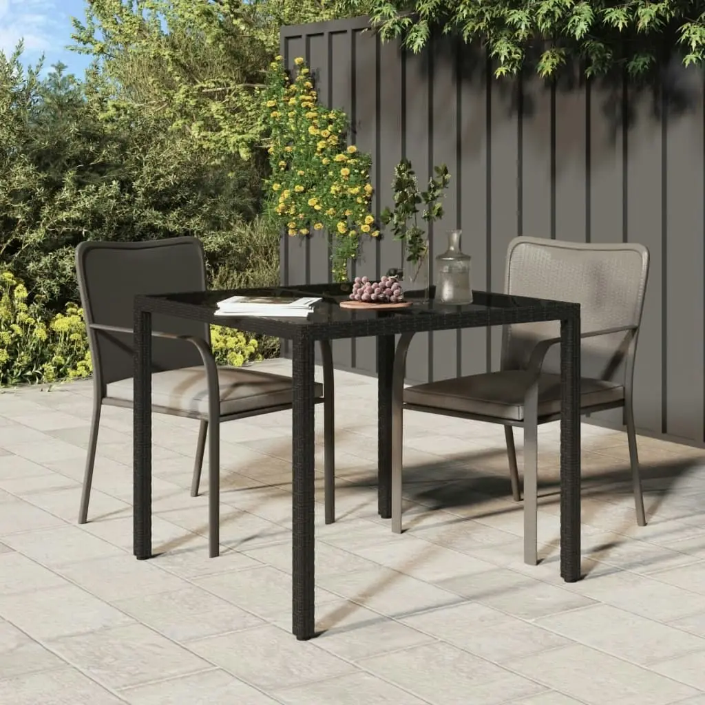 Garden Table 90x90x75 cm Tempered Glass and Poly Rattan Black 316699