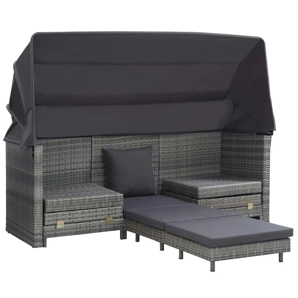 Extendable 3-Seater Sofa Bed with Roof Poly Rattan Grey 46077