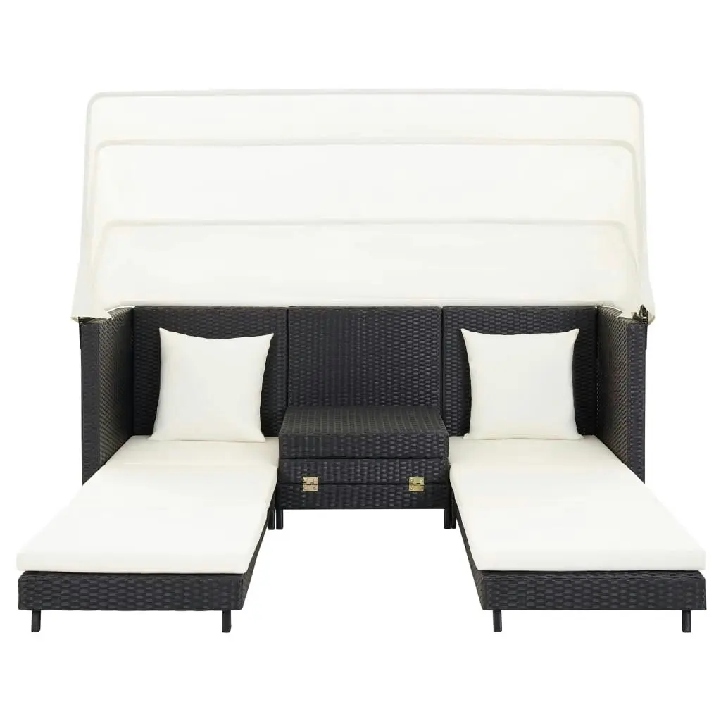 Extendable 3-Seater Sofa Bed with Roof Poly Rattan Black 46075