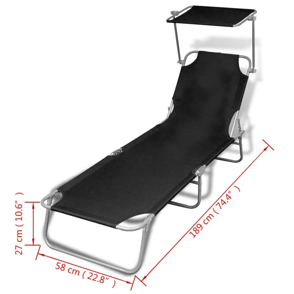 Folding Sun Lounger with Canopy Steel and Fabric Black 41197