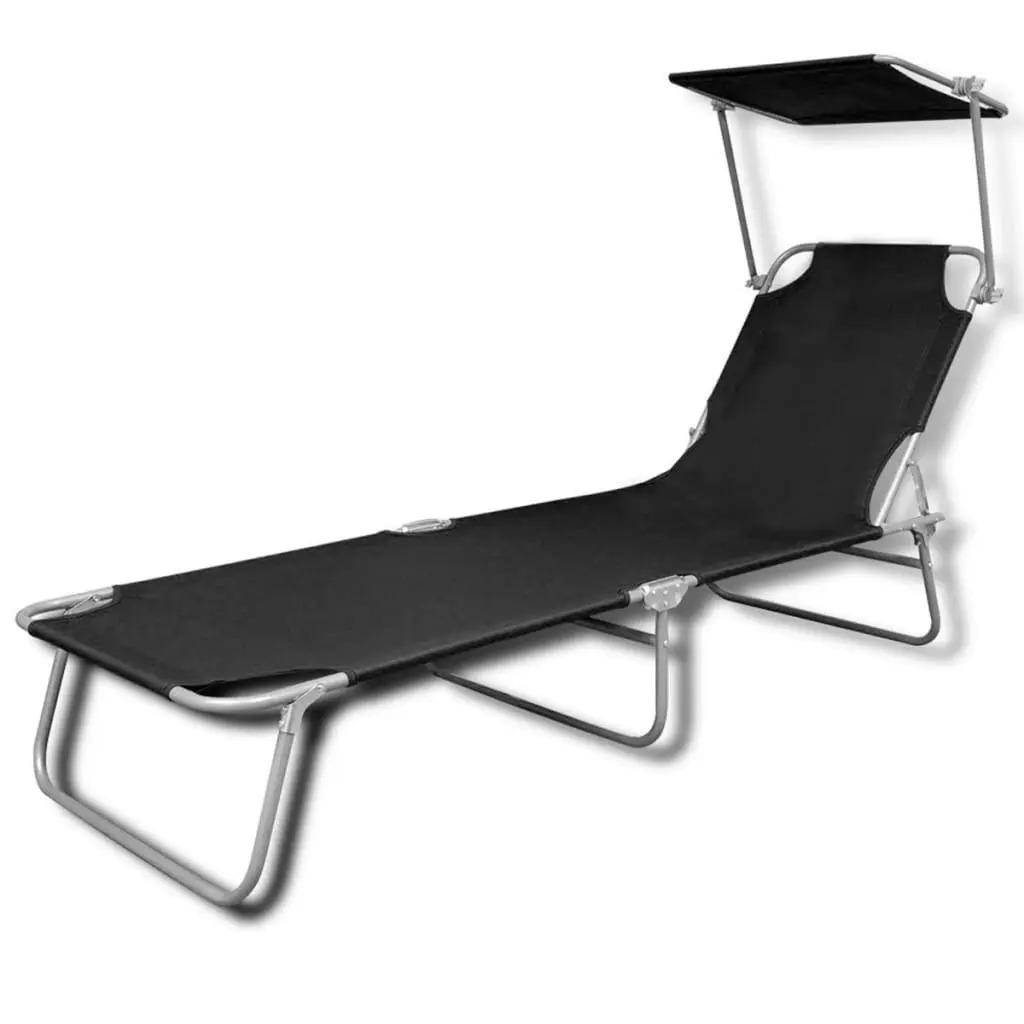 Folding Sun Lounger with Canopy Steel and Fabric Black 41197