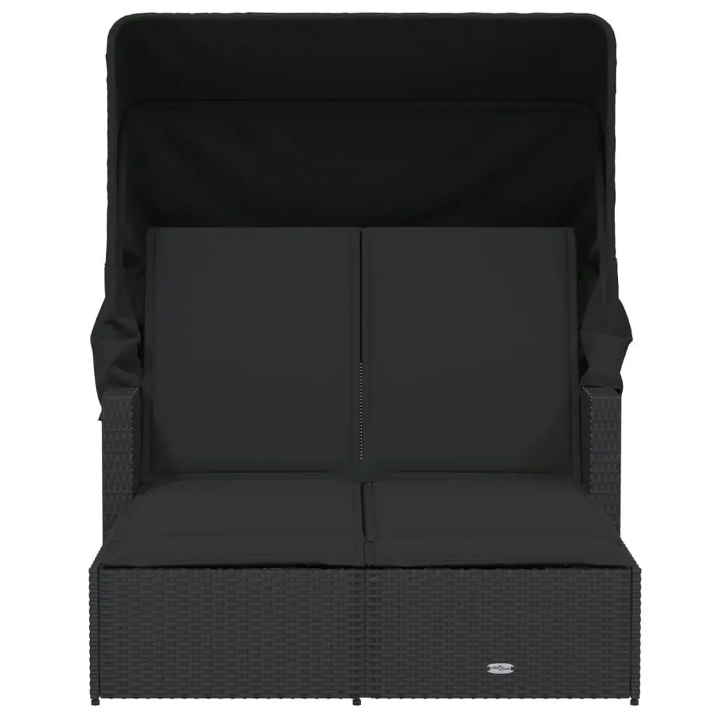 Double Sun Lounger with Canopy and Cushions Black Poly Rattan 365807