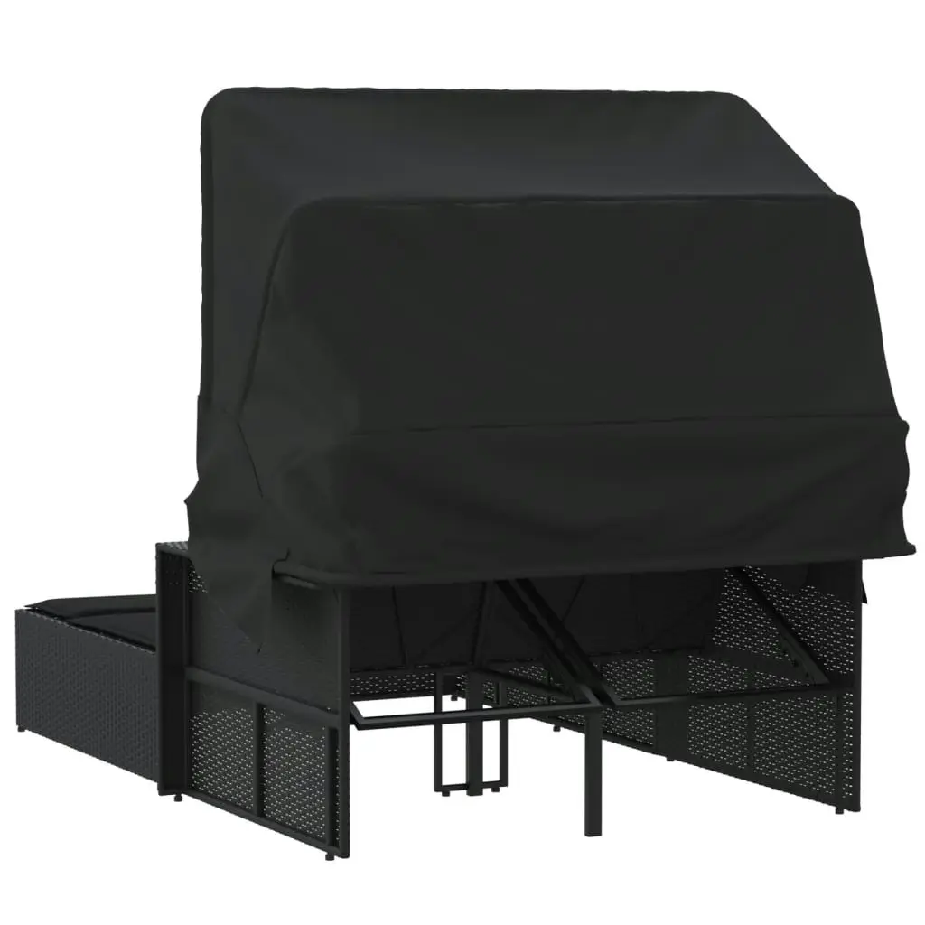 Double Sun Lounger with Canopy and Cushions Black Poly Rattan 365807