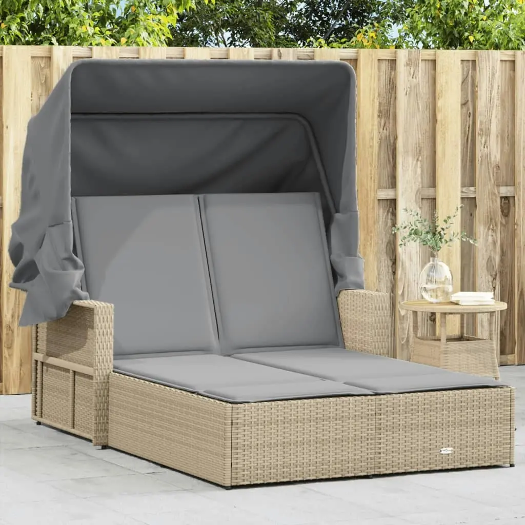 Double Sun Lounger with Canopy and Cushions Mix Beige Poly Rattan 365811