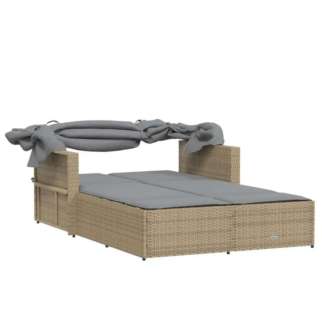 Double Sun Lounger with Canopy and Cushions Mix Beige Poly Rattan 365811