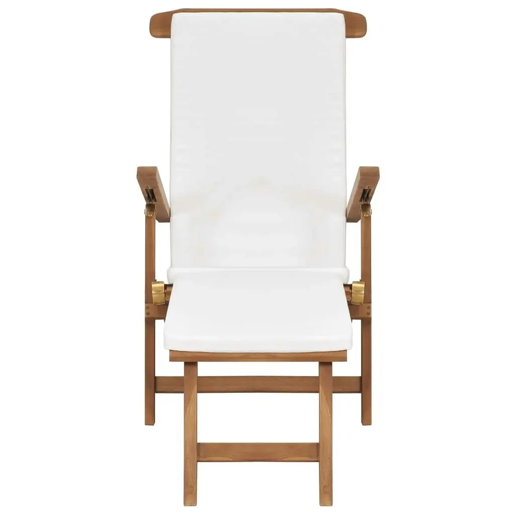 Deck Chair with Cushion Cream White Solid Teak Wood 47408