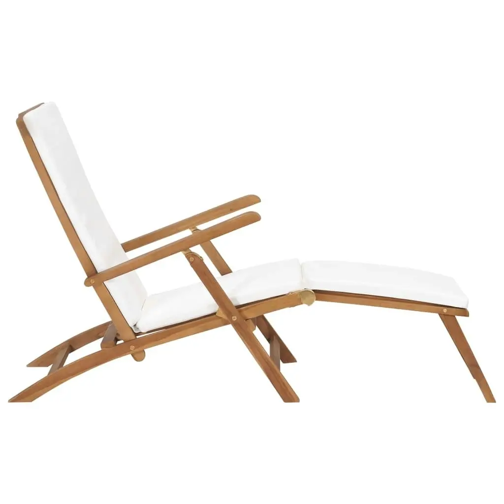 Deck Chair with Cushion Cream White Solid Teak Wood 47408