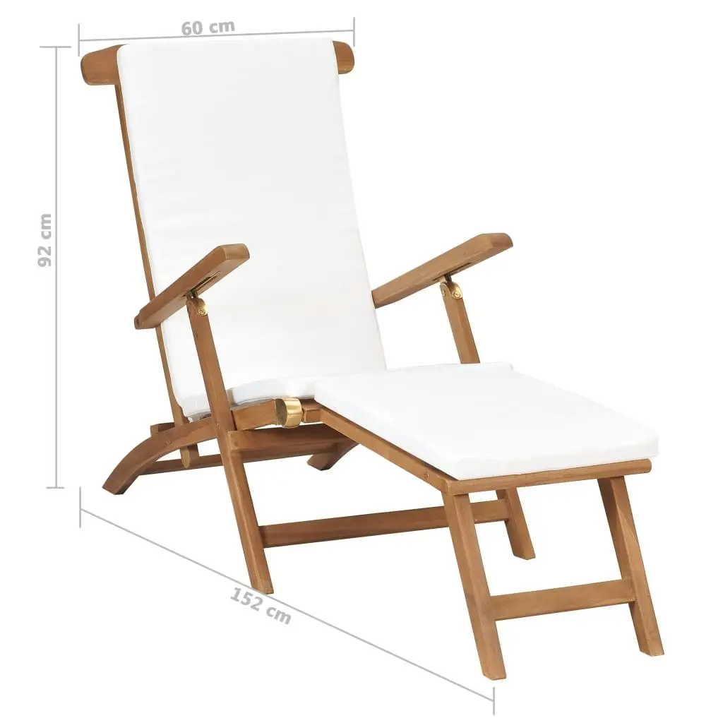 Deck Chair with Cushion Cream White Solid Teak Wood 47408