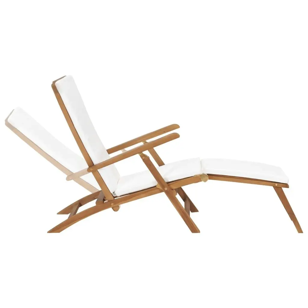 Deck Chair with Cushion Cream White Solid Teak Wood 47408