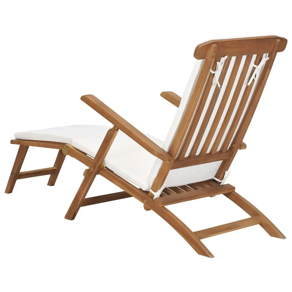 Deck Chair with Cushion Cream White Solid Teak Wood 47408