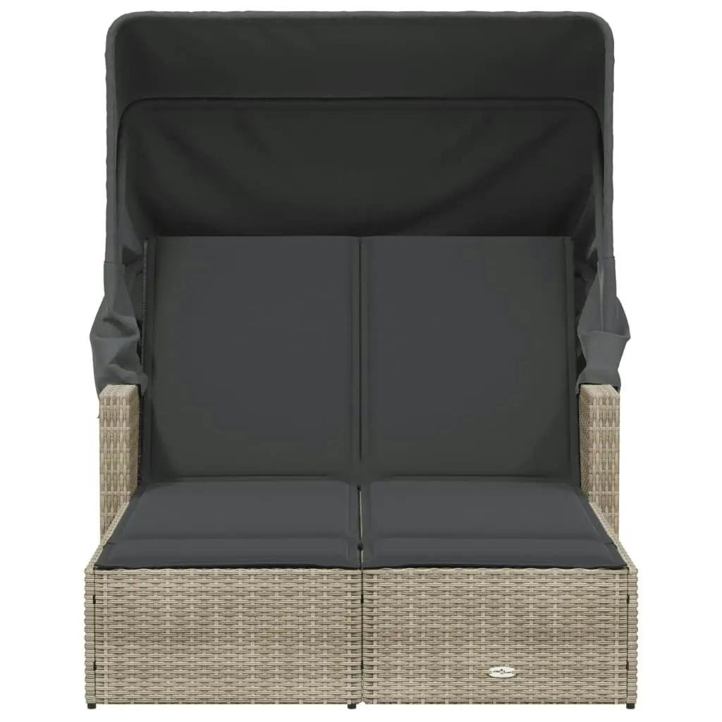 Double Sun Lounger with Canopy and Cushions Light Grey Poly Rattan 365812