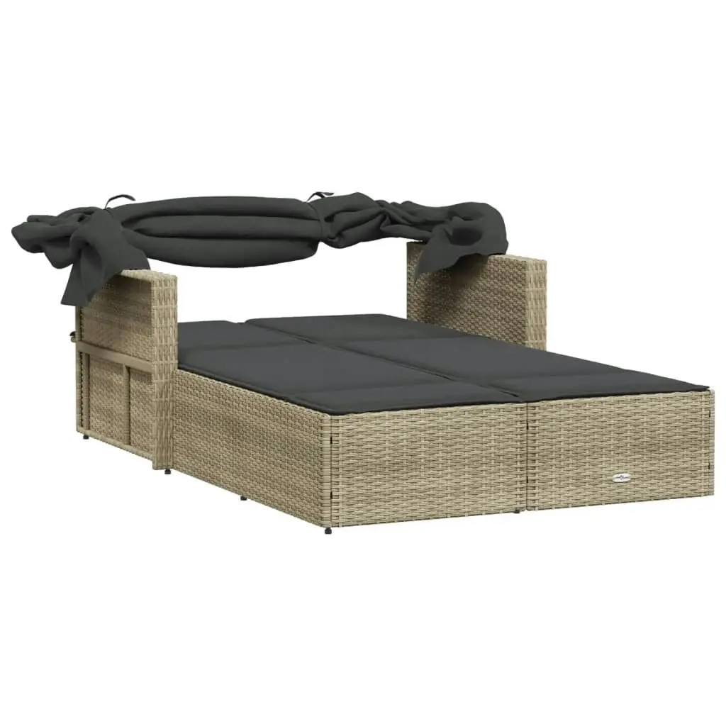 Double Sun Lounger with Canopy and Cushions Light Grey Poly Rattan 365812