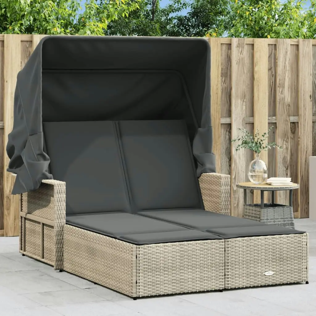 Double Sun Lounger with Canopy and Cushions Light Grey Poly Rattan 365812