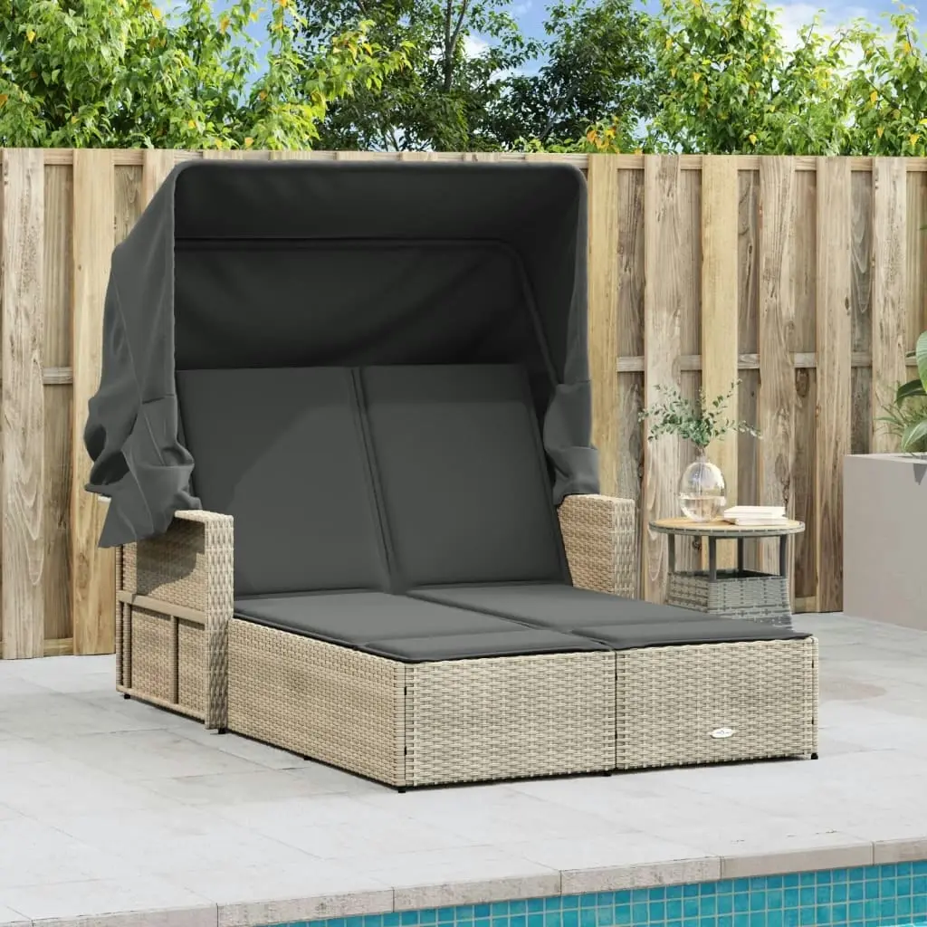 Double Sun Lounger with Canopy and Cushions Light Grey Poly Rattan 365812