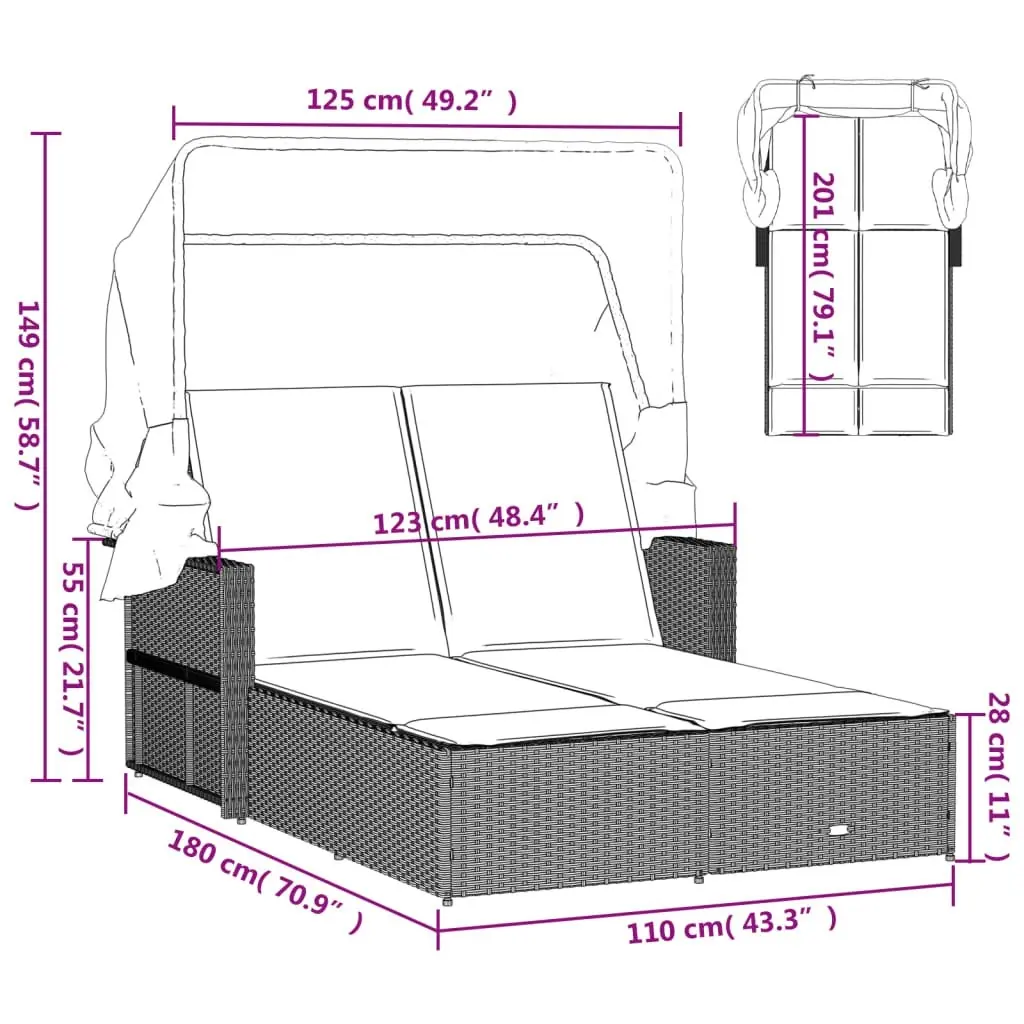 Double Sun Lounger with Canopy and Cushions Black Poly Rattan 365806