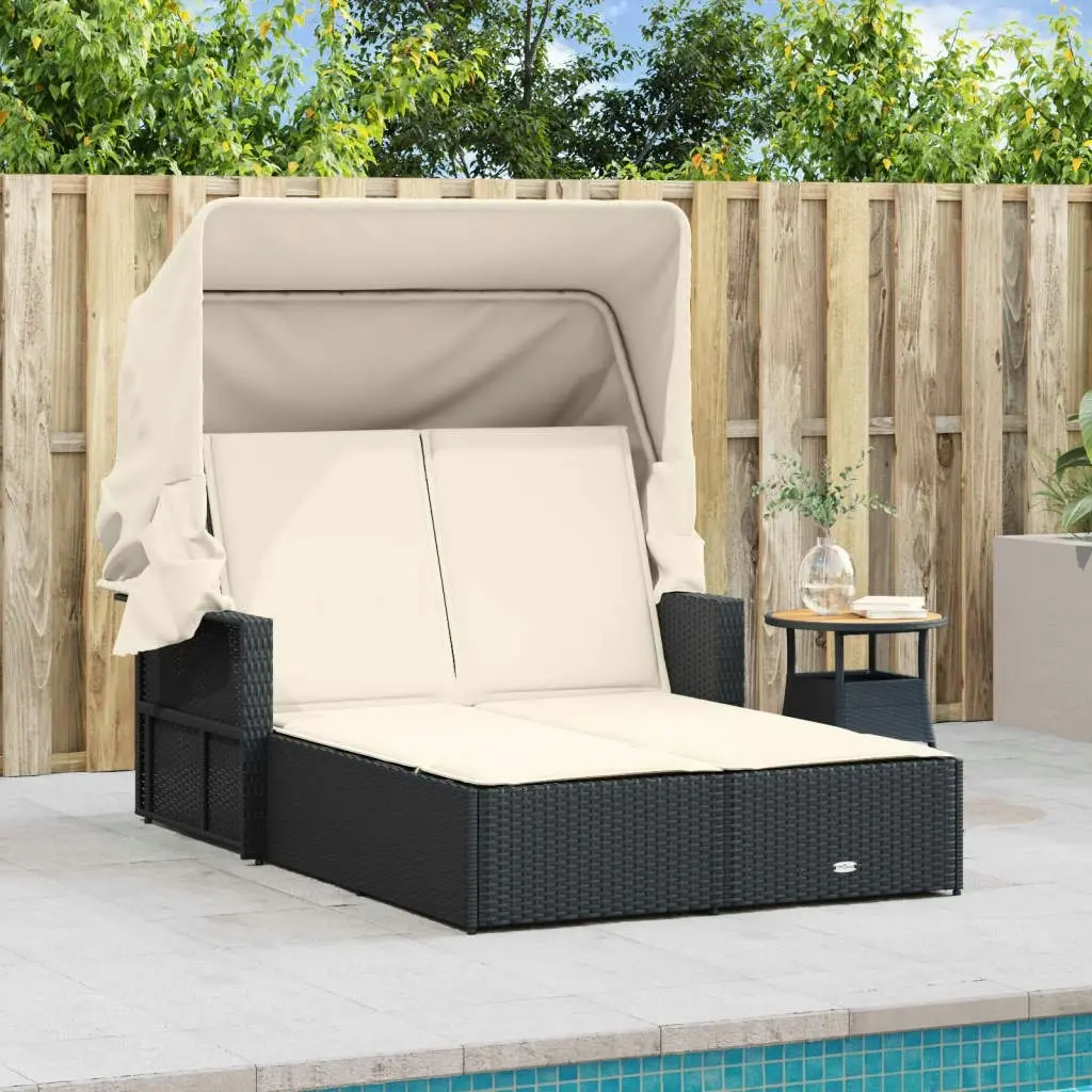 Double Sun Lounger with Canopy and Cushions Black Poly Rattan 365806