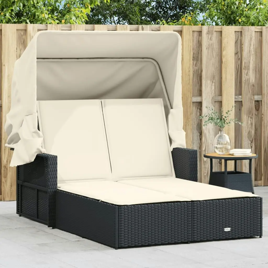 Double Sun Lounger with Canopy and Cushions Black Poly Rattan 365806