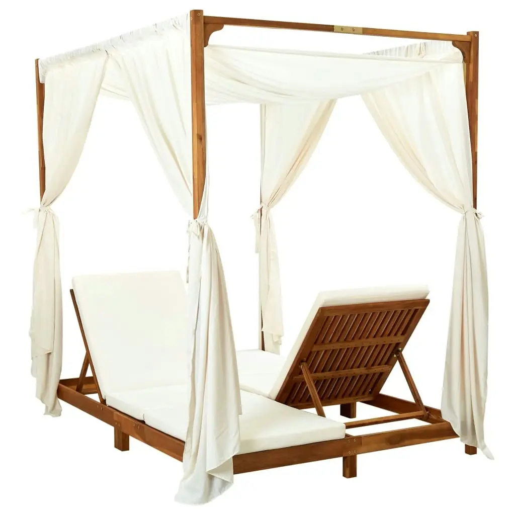 Double Sun Lounger with Curtains & Cushions Solid Acacia Wood 310318