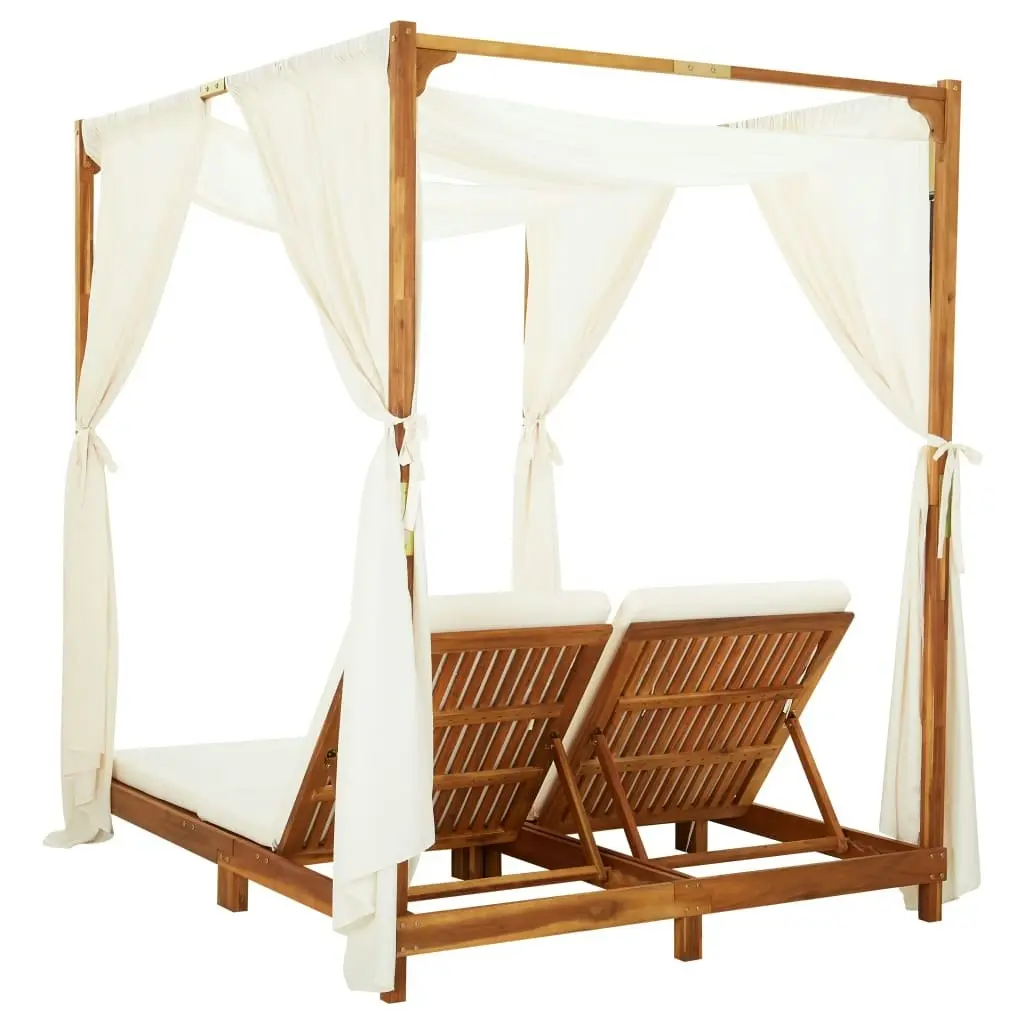 Double Sun Lounger with Curtains & Cushions Solid Acacia Wood 310318