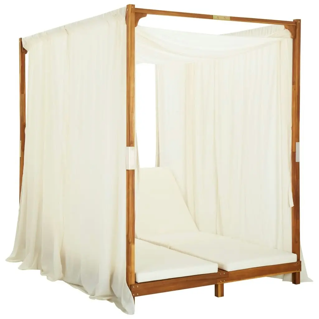 Double Sun Lounger with Curtains & Cushions Solid Acacia Wood 310318