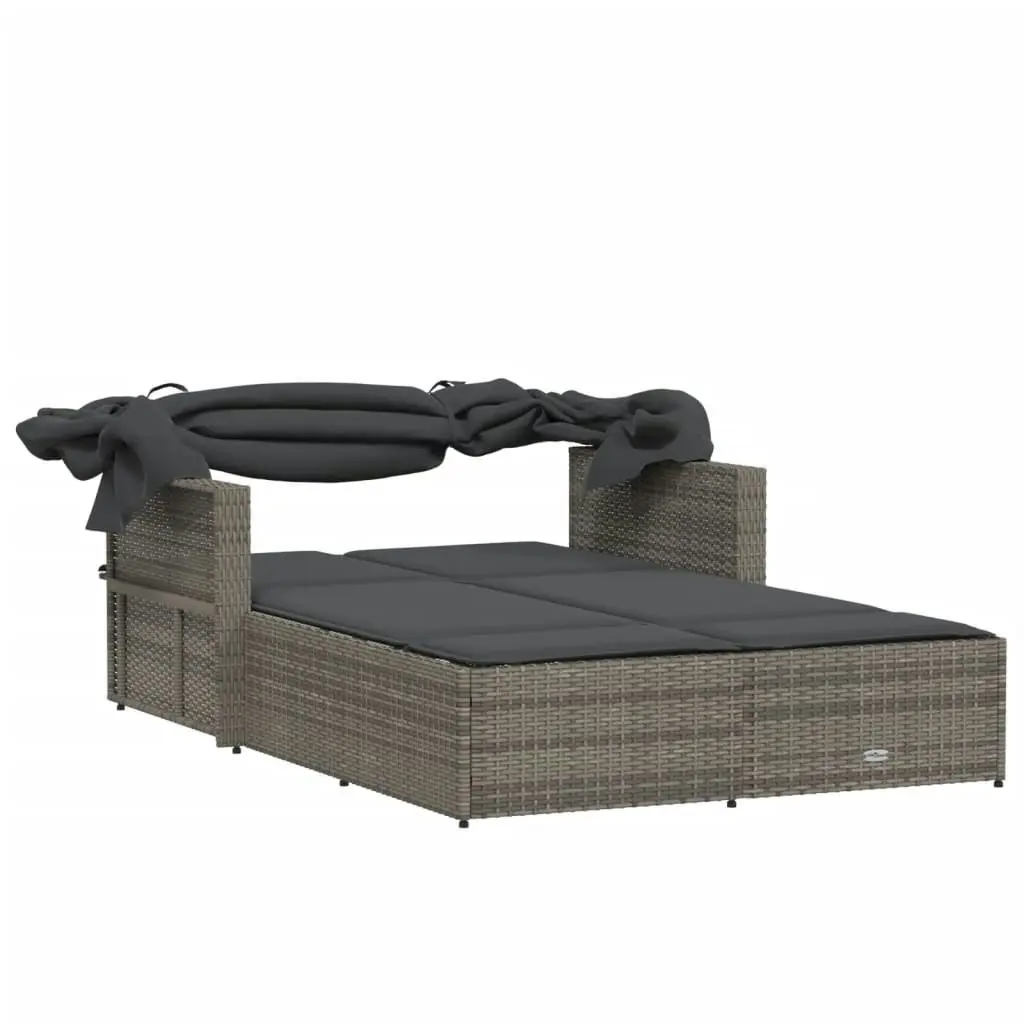 Double Sun Lounger with Canopy and Cushions Grey Poly Rattan 365809