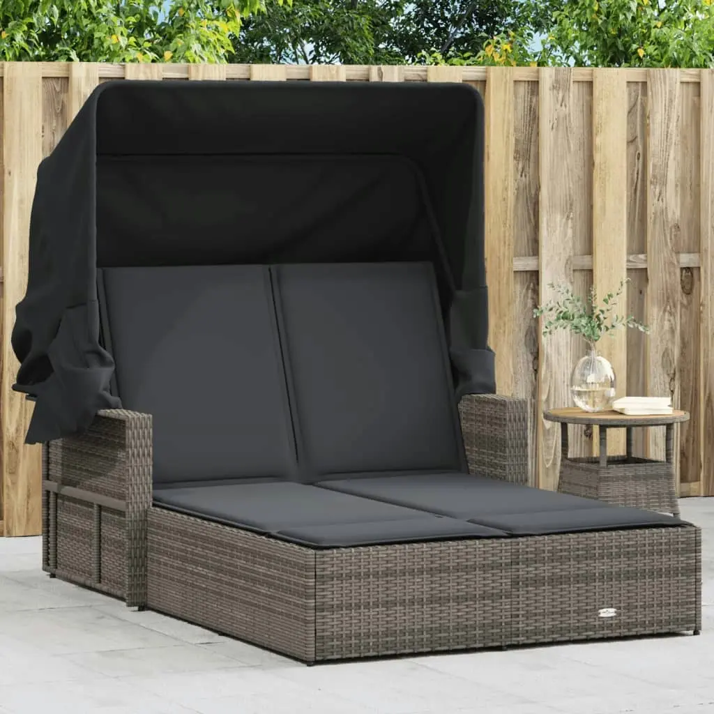 Double Sun Lounger with Canopy and Cushions Grey Poly Rattan 365809