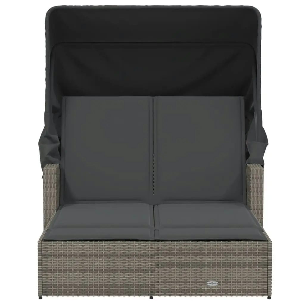 Double Sun Lounger with Canopy and Cushions Grey Poly Rattan 365809