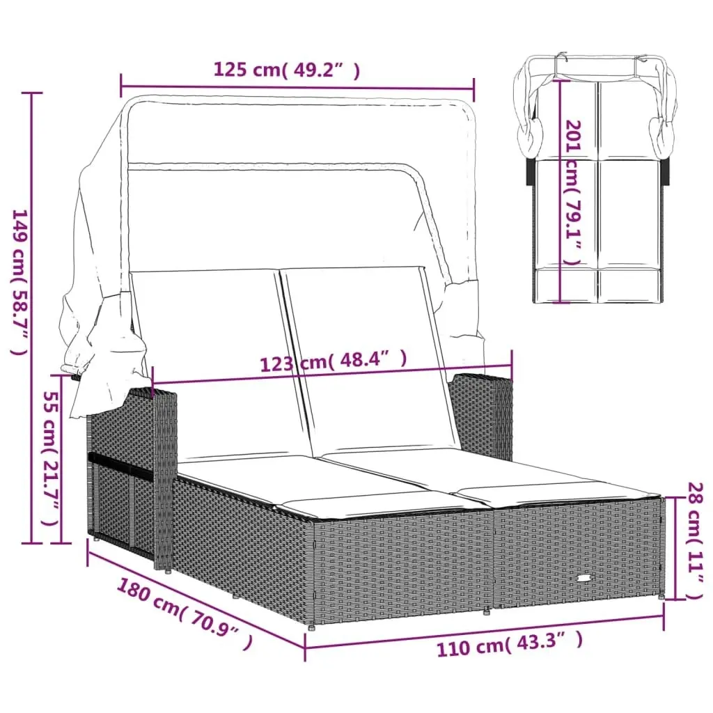 Double Sun Lounger with Canopy and Cushions Grey Poly Rattan 365809