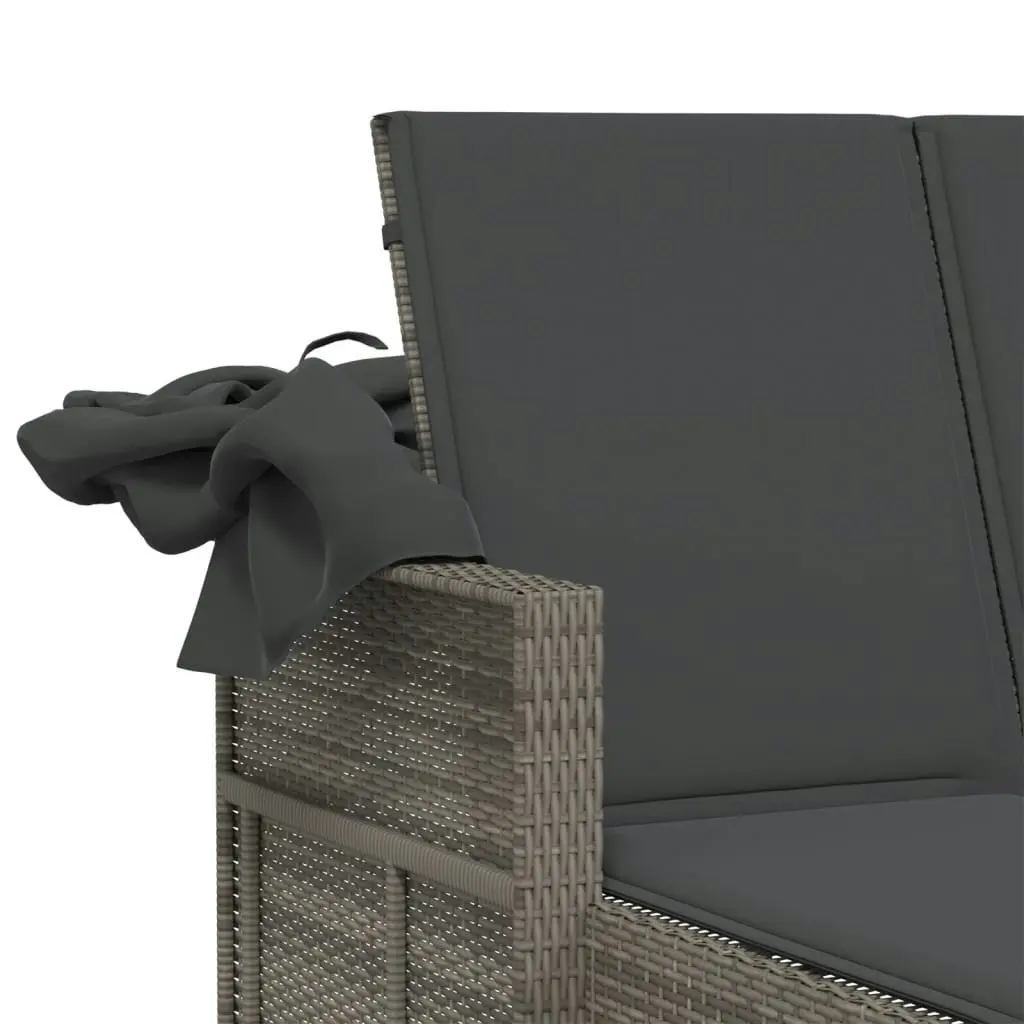 Double Sun Lounger with Canopy and Cushions Grey Poly Rattan 365809