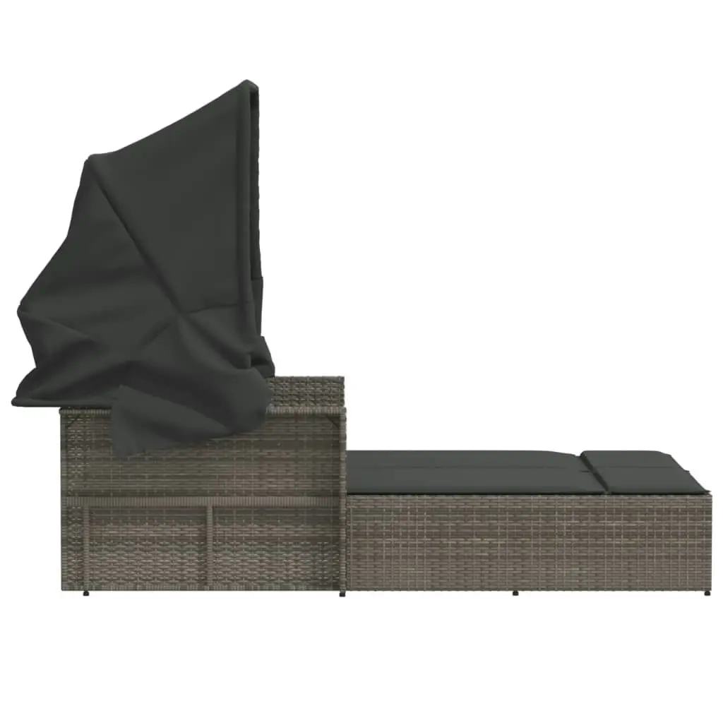 Double Sun Lounger with Canopy and Cushions Grey Poly Rattan 365809