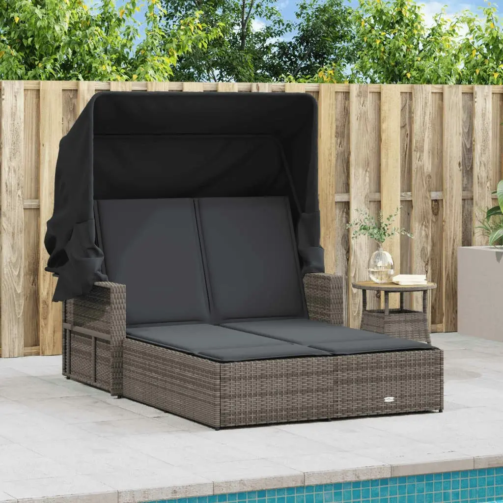 Double Sun Lounger with Canopy and Cushions Grey Poly Rattan 365809