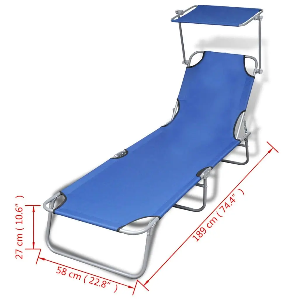 Folding Sun Lounger with Canopy Steel and Fabric Blue 41196