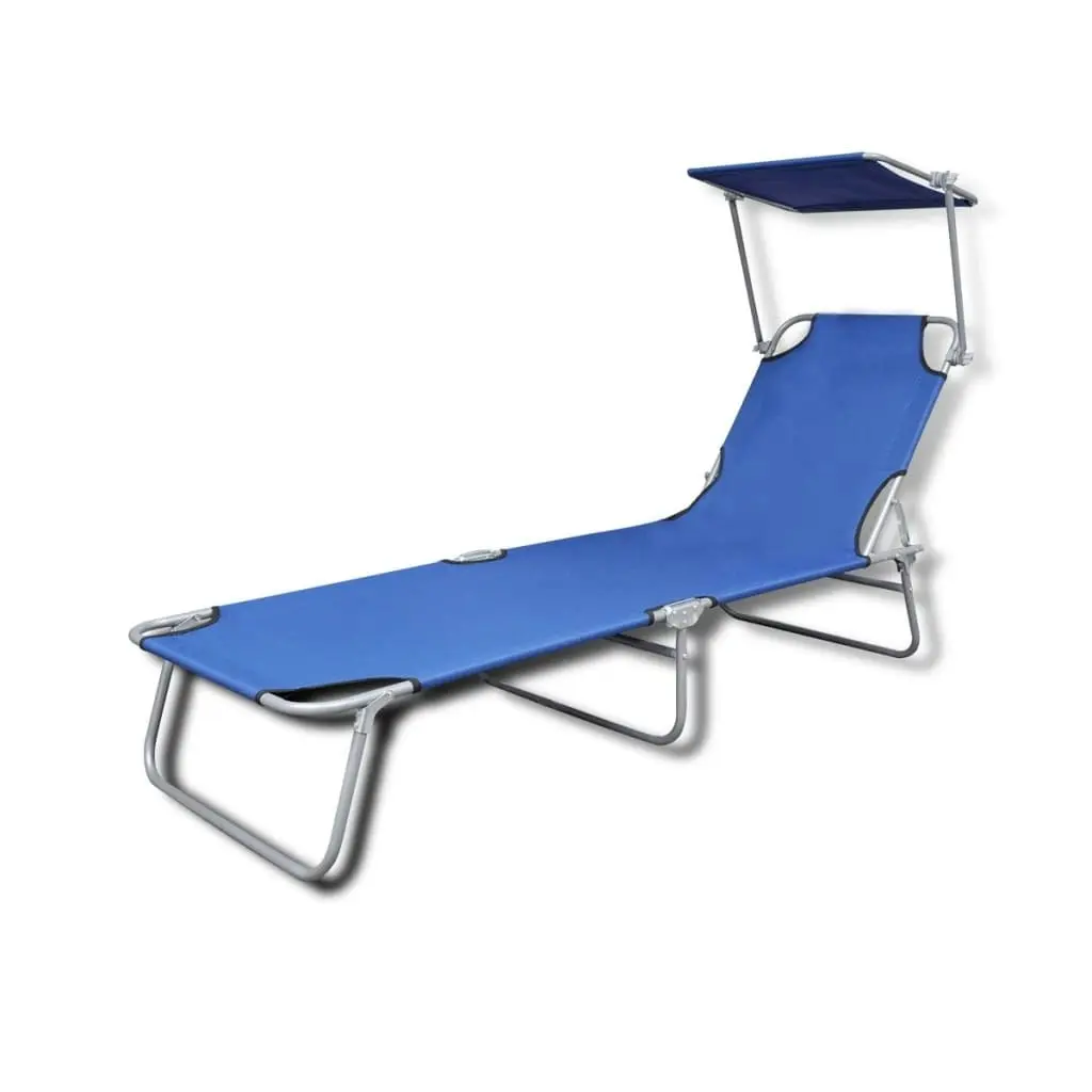 Folding Sun Lounger with Canopy Steel and Fabric Blue 41196