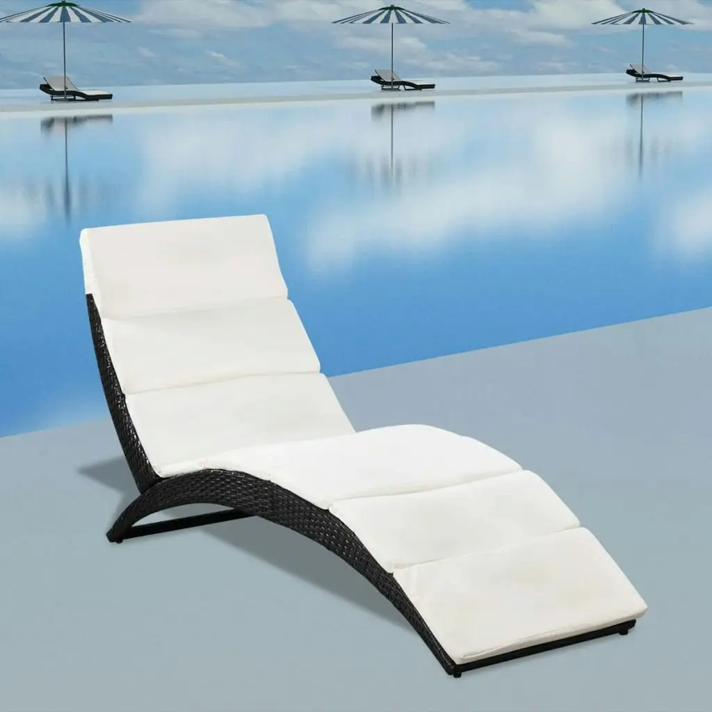 Folding Sun Lounger with Cushion Poly Rattan Black 41809