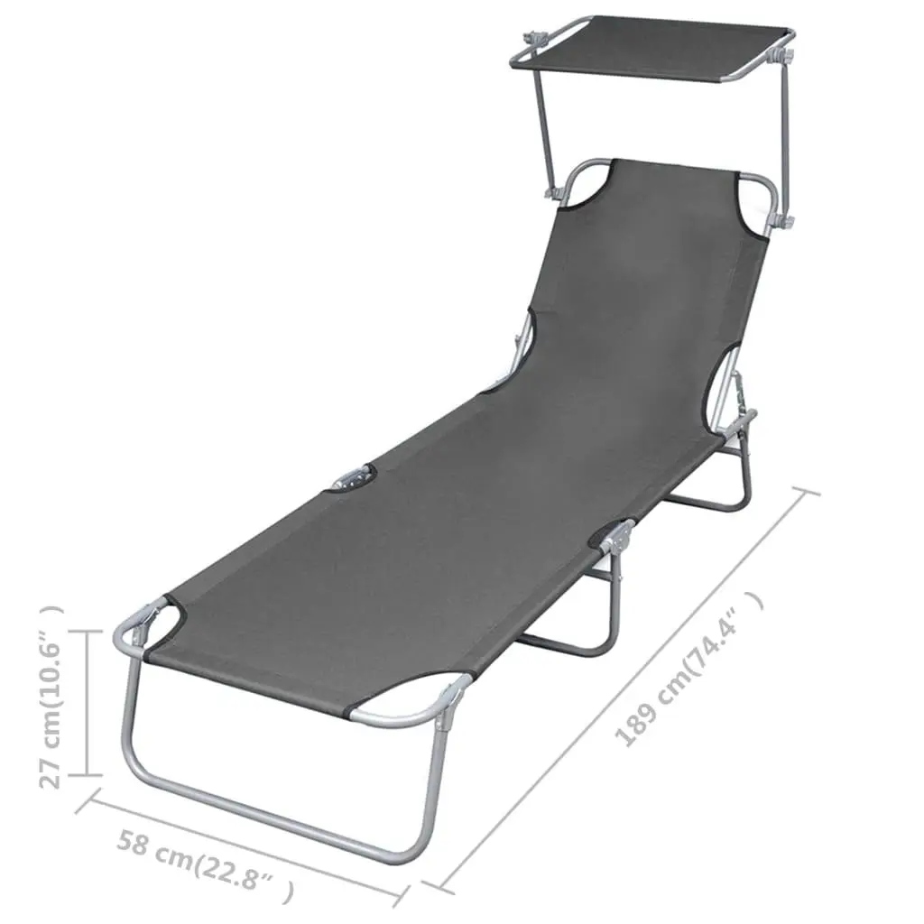 Folding Sun Lounger with Canopy Steel Grey 44291