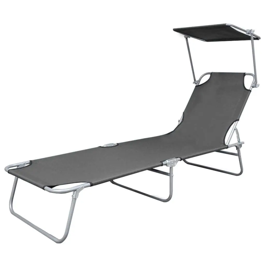 Folding Sun Lounger with Canopy Steel Grey 44291