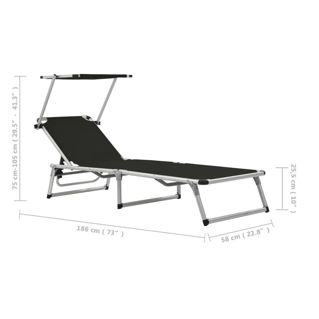 Folding Sun Lounger with Roof Aluminium and Textilene Black 44333