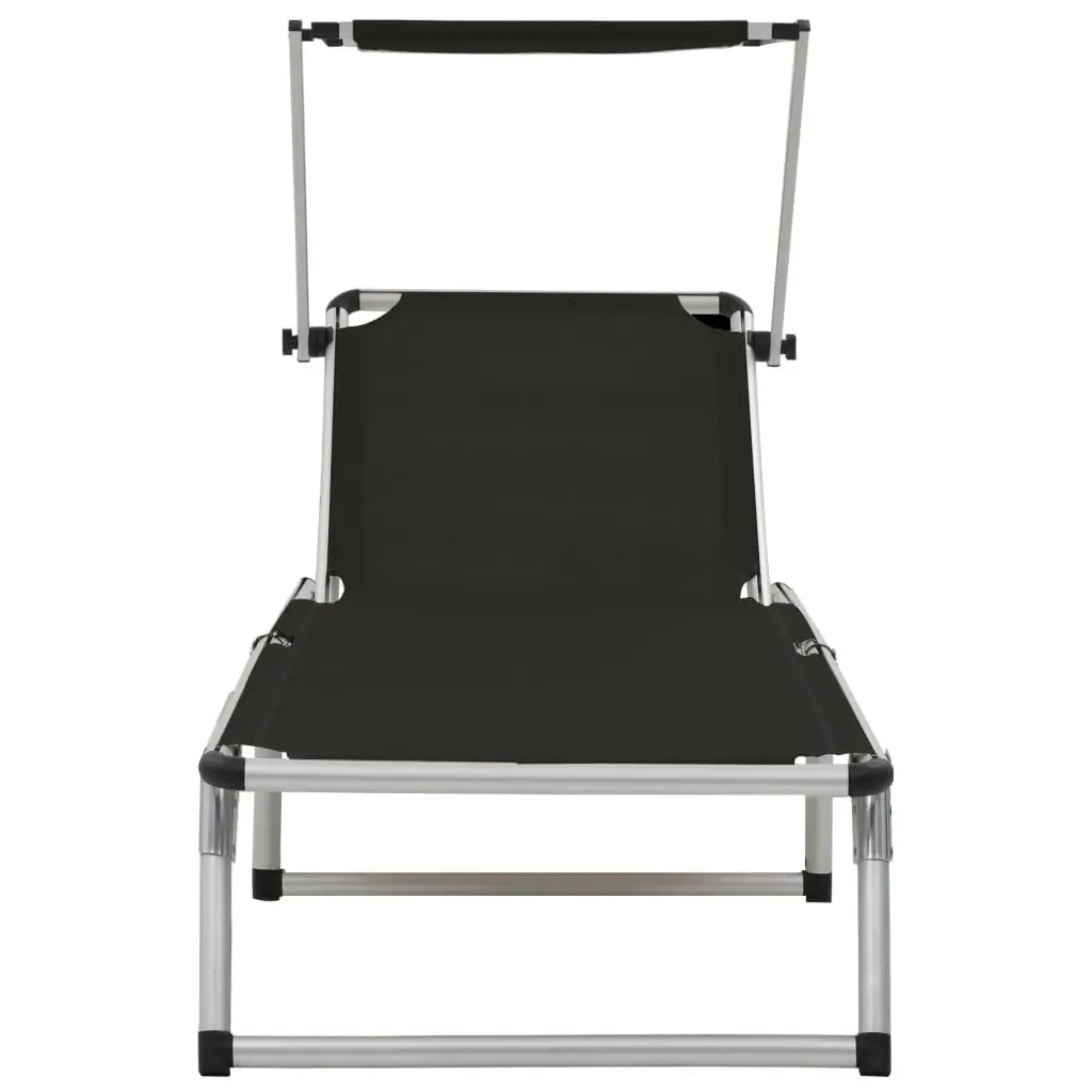 Folding Sun Lounger with Roof Aluminium and Textilene Black 44333