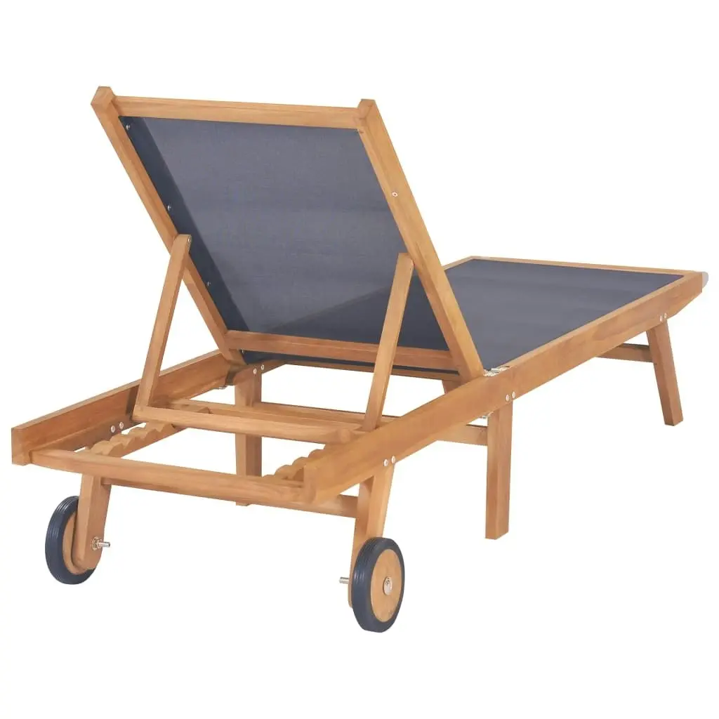 Folding Sun Lounger with Wheels Solid Teak and Textilene 44668