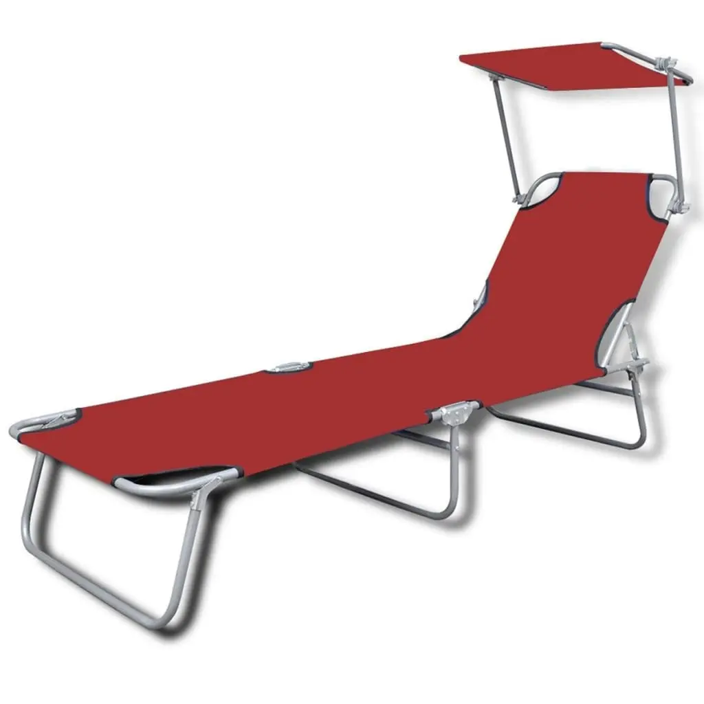 Folding Sun Lounger with Canopy Steel and Fabric Red 41198