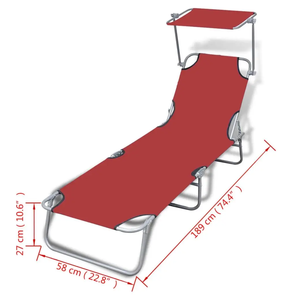 Folding Sun Lounger with Canopy Steel and Fabric Red 41198