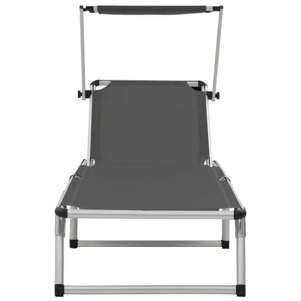 Folding Sun Lounger with Roof Aluminium and Textilene Grey 44335