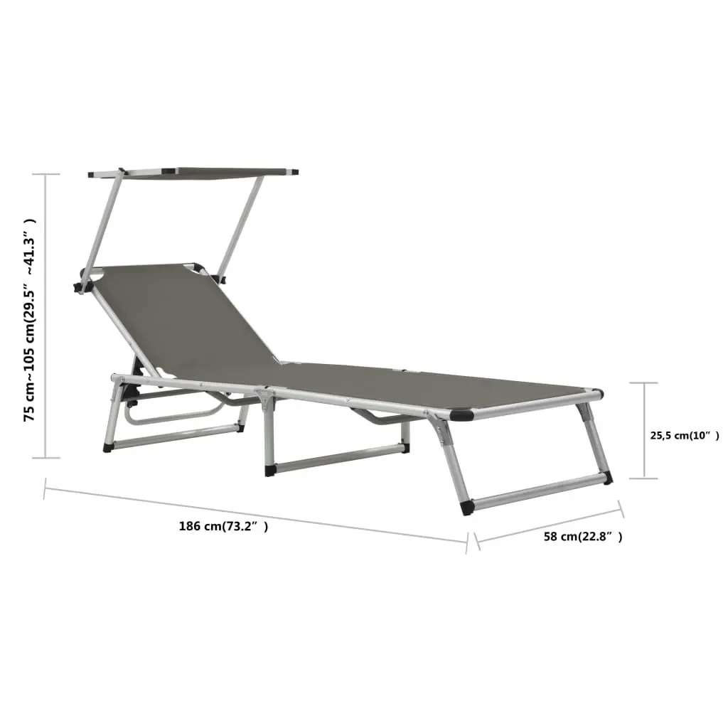 Folding Sun Lounger with Roof Aluminium and Textilene Grey 44335