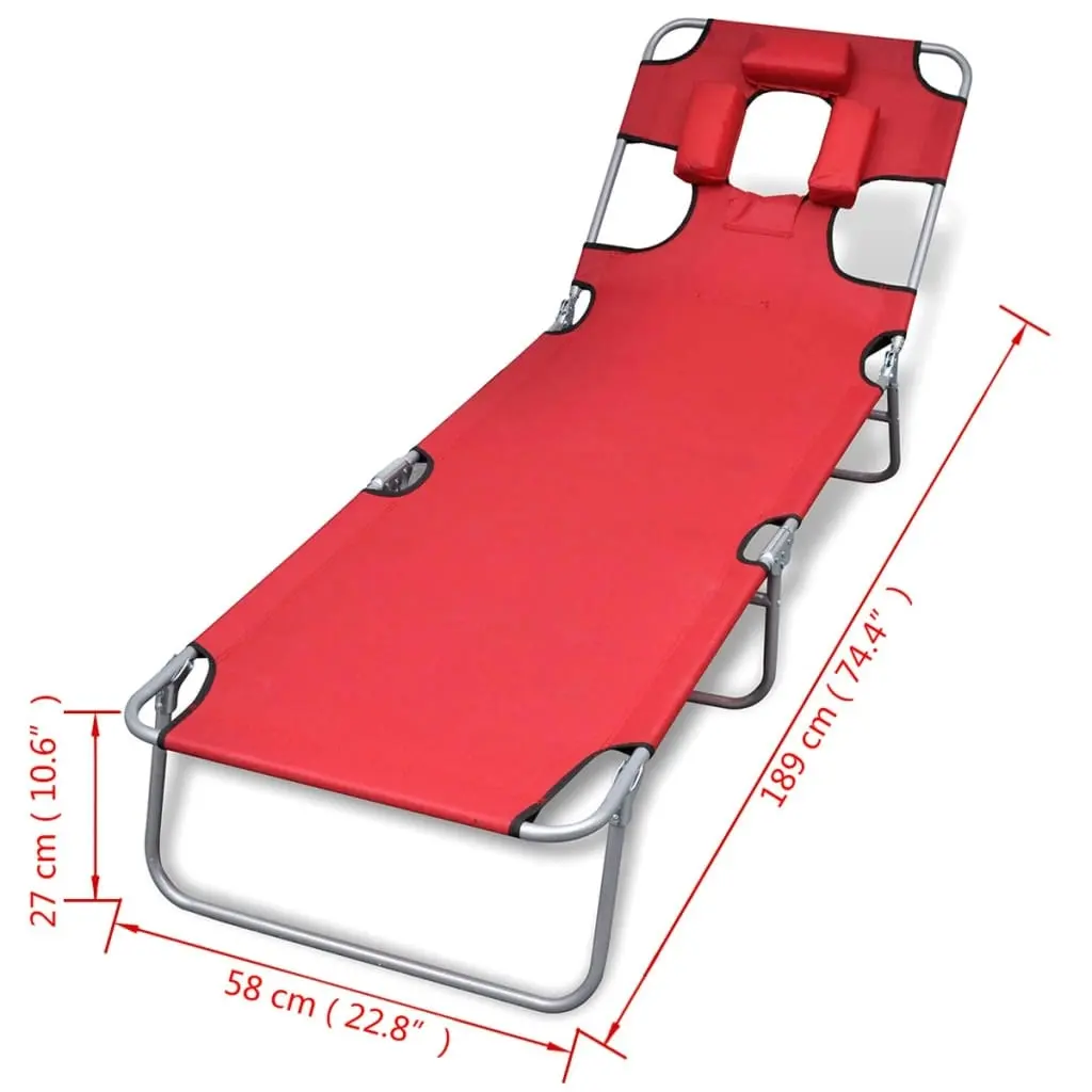 Folding Sun Lounger with Head Cushion Powder-coated Steel Red 41483