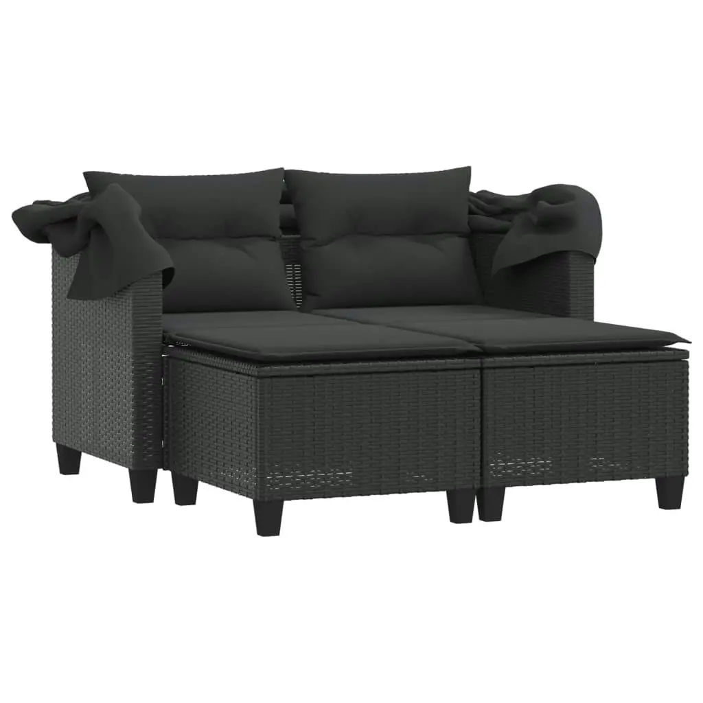 Garden Sofa 2-Seater with Canopy and Stools Black Poly Rattan 365781